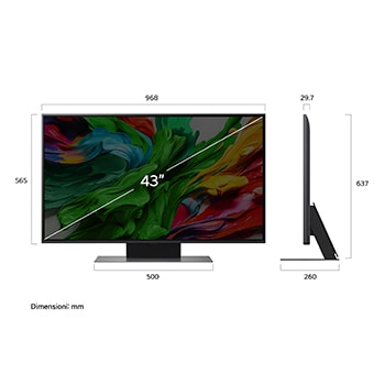 Frontansicht und Seitenansicht des LG QNED evo AI QNED85 4K Smart TV mit den Abmessungen L?nge, Breite, H?he und Tiefe.