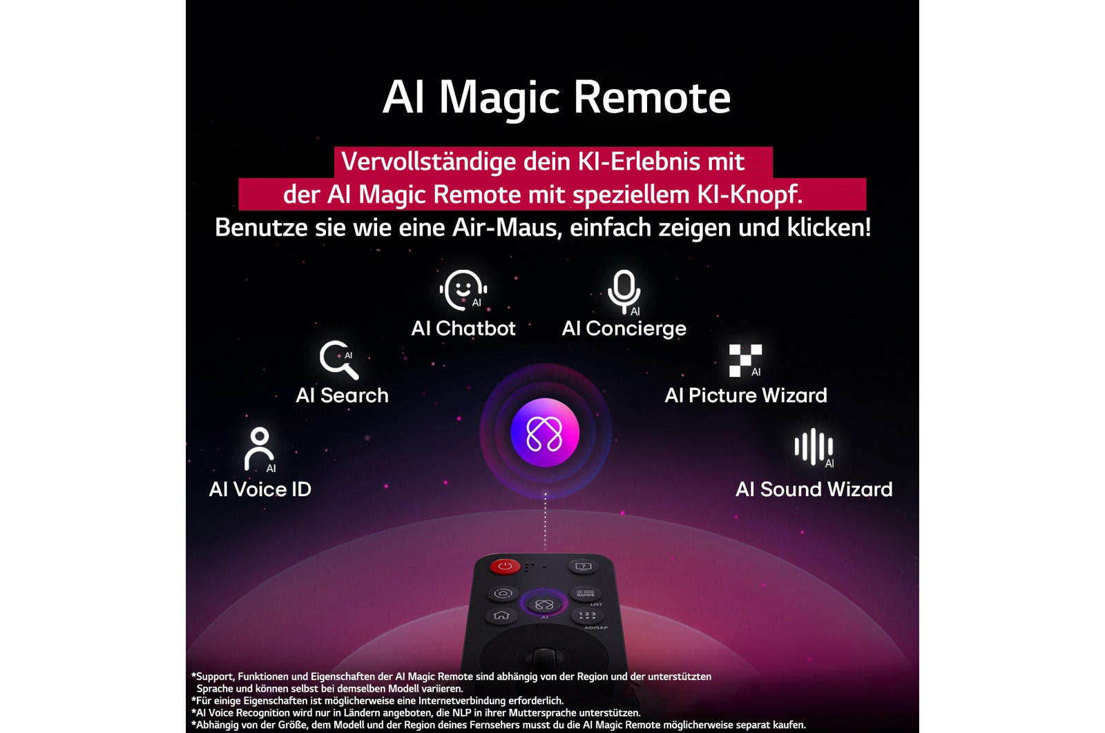 LG AI Magic Remote mit hervorgehobener KI-Schaltfl?che. Rundherum befinden sich die verschiedenen Funktionen, auf die ein Benutzer über die Schaltfl?che zugreifen kann. AI Voice ID, AI Search, AI Chatbot, AI Concierge, AI Picture Wizard, AI Sound Wizard. Der Text erkl?rt, dass die LG AI Magic Remote dein KI-Erlebnis mit einer speziellen KI-Schaltfl?che vervollst?ndigt und wie eine Maus in der Luft verwendet werden kann. Einfach zeigen und klicken.