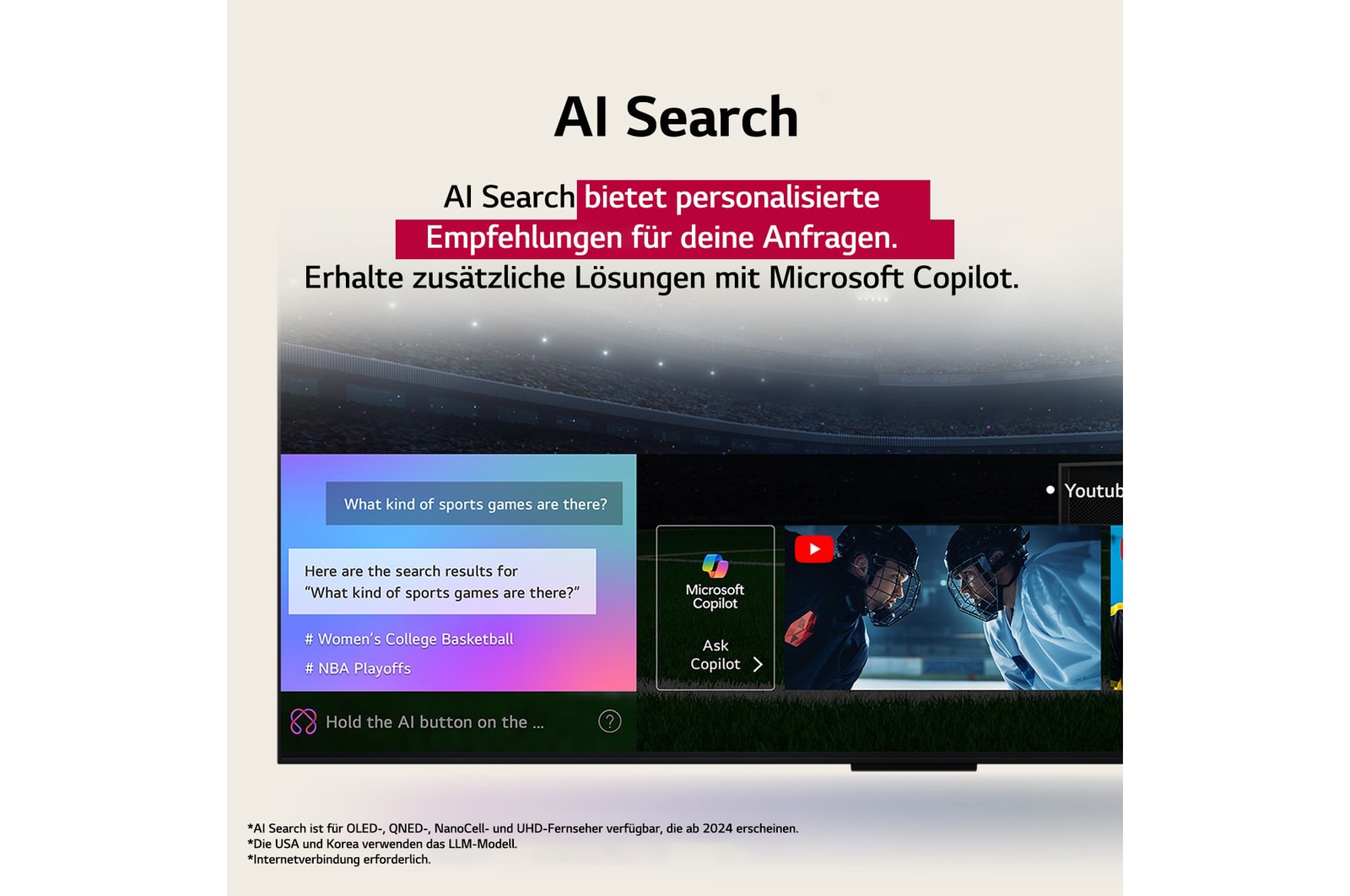 Nahaufnahme eines LG TV-Bildschirms, der zeigt, wie AI Search funktioniert. Ein kleines Chat-Fenster ist ge?ffnet und zeigt, wie der Benutzer nachfragt, welche Sportspiele verfügbar sind. AI Search antwortete per Chat und zeigte Vorschaubilder verfügbarer Inhalte an. Es wird auch eine Aufforderung mit einer Frage an Microsoft Copilot angezeigt. 