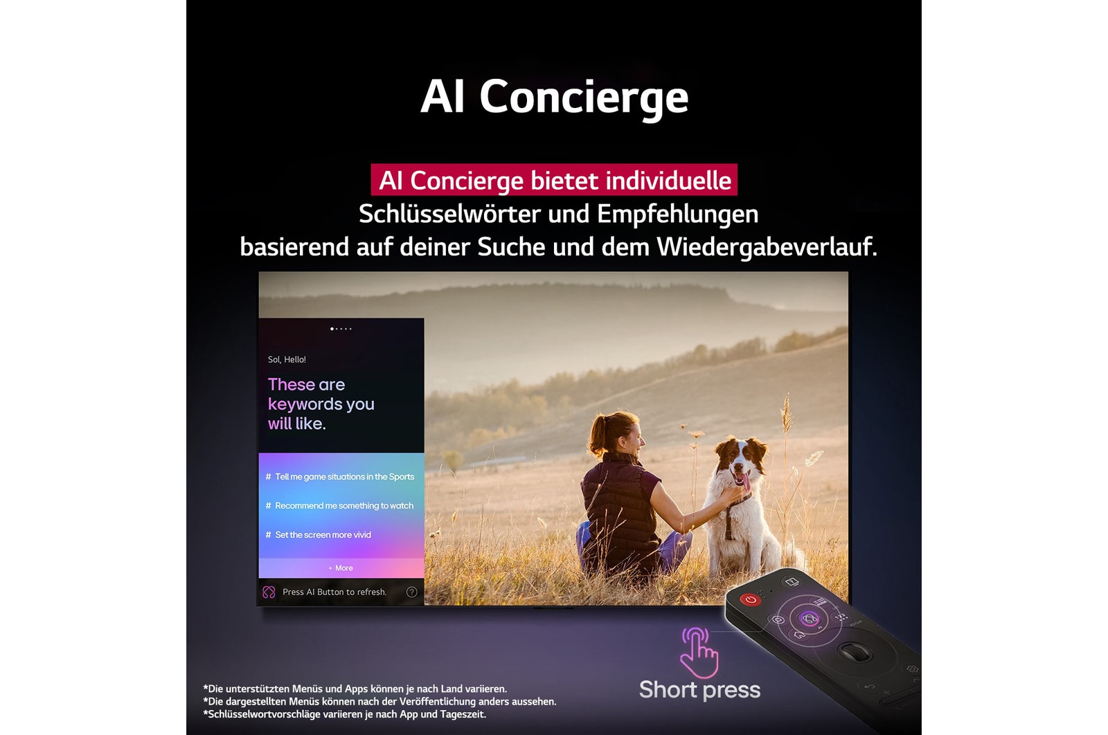 Nahaufnahme eines LG TV-Bildschirms, der zeigt, wie AI Search funktioniert. Ein kleines Chat-Fenster ist ge?ffnet und zeigt, wie der Benutzer nachfragt, welche Sportspiele verfügbar sind. AI Search antwortete per Chat und zeigte Vorschaubilder verfügbarer Inhalte an. Es wird auch eine Aufforderung mit einer Frage an Microsoft Copilot angezeigt. 