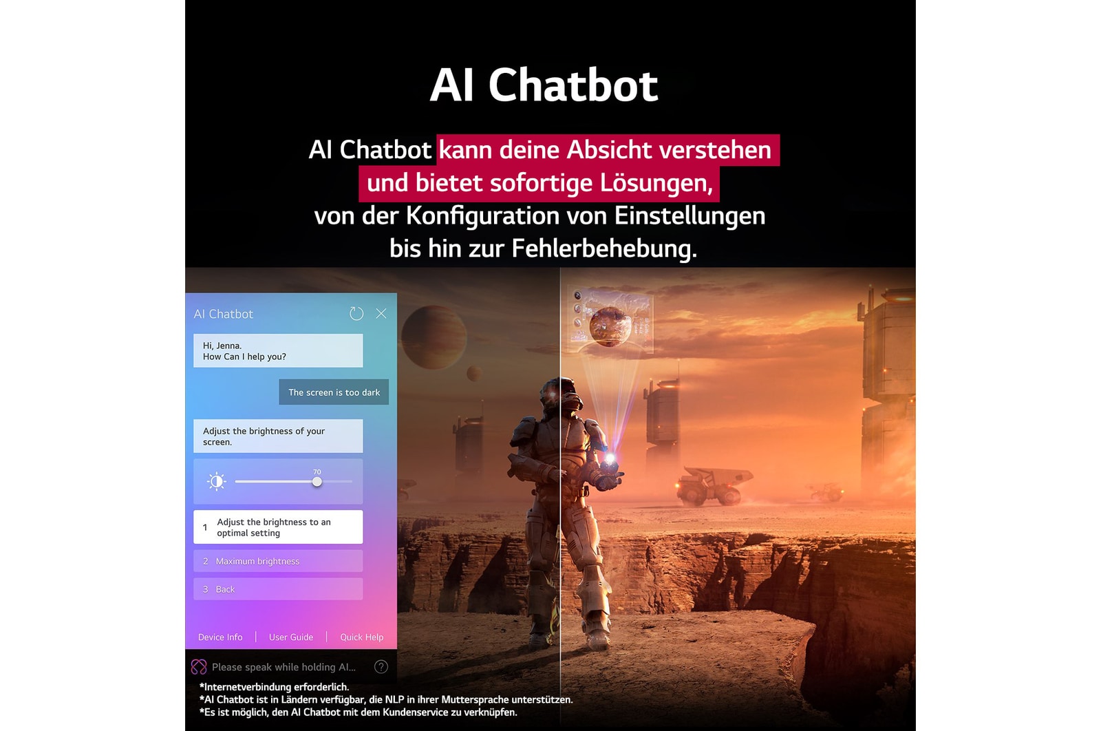 Nahaufnahme eines LG TV-Bildschirms, der zeigt, wie AI Search funktioniert. Ein kleines Chat-Fenster ist ge?ffnet und zeigt, wie der Benutzer nachfragt, welche Sportspiele verfügbar sind. AI Search antwortete per Chat und zeigte Vorschaubilder verfügbarer Inhalte an. Es wird auch eine Aufforderung mit einer Frage an Microsoft Copilot angezeigt. 