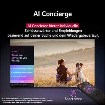 Nahaufnahme eines LG TV-Bildschirms, der zeigt, wie AI Search funktioniert. Ein kleines Chat-Fenster ist ge?ffnet und zeigt, wie der Benutzer nachfragt, welche Sportspiele verfügbar sind. AI Search antwortete per Chat und zeigte Vorschaubilder verfügbarer Inhalte an. Es wird auch eine Aufforderung mit einer Frage an Microsoft Copilot angezeigt. 