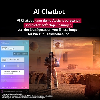 Nahaufnahme eines LG TV-Bildschirms, der zeigt, wie AI Search funktioniert. Ein kleines Chat-Fenster ist ge?ffnet und zeigt, wie der Benutzer nachfragt, welche Sportspiele verfügbar sind. AI Search antwortete per Chat und zeigte Vorschaubilder verfügbarer Inhalte an. Es wird auch eine Aufforderung mit einer Frage an Microsoft Copilot angezeigt. 