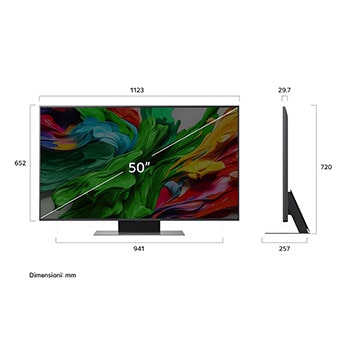 Frontansicht und Seitenansicht des LG QNED evo AI QNED85 4K Smart TV mit den Abmessungen L?nge, Breite, H?he und Tiefe.