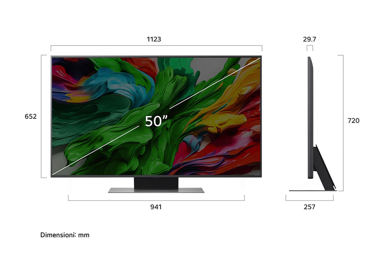 Frontansicht und Seitenansicht des LG QNED evo AI QNED85 4K Smart TV mit den Abmessungen L?nge, Breite, H?he und Tiefe.