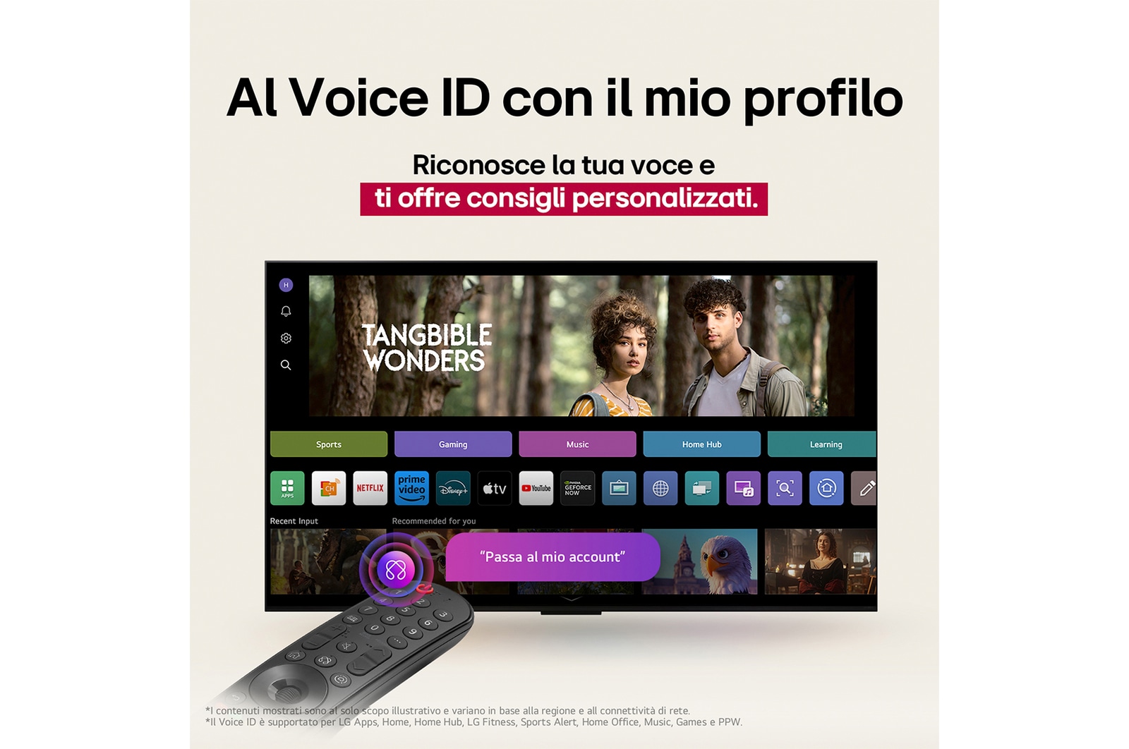 LG TV-Bildschirm mit einer AI Magic Remote im Vordergrund. Die KI-Schaltfl?che ist hervorgehoben und eine Sprechblase zeigt den Text ?Schlage einen Film vor, der mir gef?llt“. Auf dem Bildschirm sehen wir das Benutzersymbol E, das anzeigt, dass AI Voice ID in der Lage war, den Benutzer zu identifizieren und personalisierte Empfehlungen allein auf der Grundlage seiner Stimme zu geben.