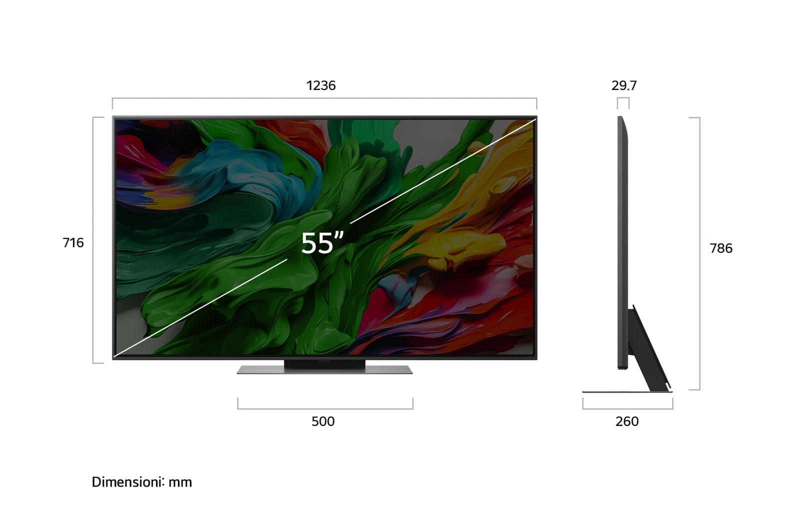 Frontansicht und Seitenansicht des LG QNED evo AI QNED85 4K Smart TV mit den Abmessungen L?nge, Breite, H?he und Tiefe.