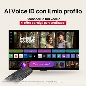 LG TV-Bildschirm mit einer AI Magic Remote im Vordergrund. Die KI-Schaltfl?che ist hervorgehoben und eine Sprechblase zeigt den Text ?Schlage einen Film vor, der mir gef?llt“. Auf dem Bildschirm sehen wir das Benutzersymbol E, das anzeigt, dass AI Voice ID in der Lage war, den Benutzer zu identifizieren und personalisierte Empfehlungen allein auf der Grundlage seiner Stimme zu geben.