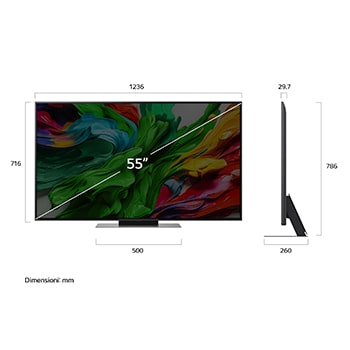Frontansicht und Seitenansicht des LG QNED evo AI QNED85 4K Smart TV mit den Abmessungen L?nge, Breite, H?he und Tiefe.