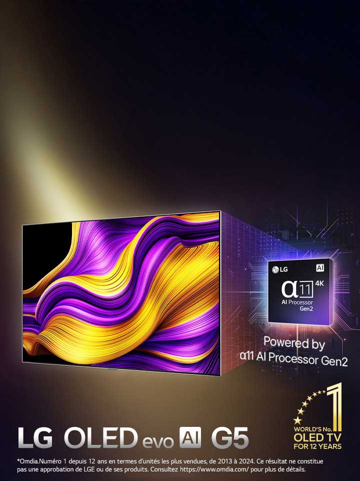 Sur l’écran d’une TV LG OLED evo AI se trouve une image abstraite aux détails, couleurs et contrastes impressionnants. Une version agrandie du processeur alpha 11 AI de 2ème génération se trouve derrière la TV. Sa lumière brillante éclaire les circuits de micropuce qui l’entourent. Le titre dit LG OLED evo AI. Le texte est également visible, alimenté par le processeur IA alpha 11 LG de 2ème génération. Un logo doré avec des étoiles dans le coin dit?: l’OLED TV numéro un mondial depuis 12?ans.