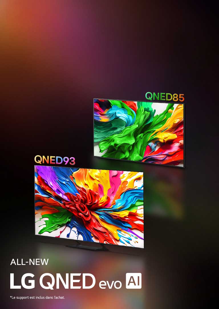 LG TVs présentant à l’écran des ?uvres d’art colorées mettant en valeur la nouvelle technologie de reproduction des couleurs éclatantes et dynamiques de LG QNED. Le logo TOUTE NOUVELLE LG QNED evo AI est également présent.