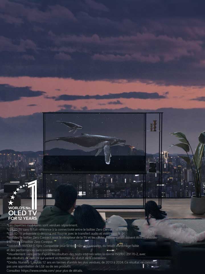 La baleine nage sur la OLED LG SIGNATURE T tandis que l’ombre est tirée vers le bas pour montrer la vue de la ville le soir. Des personnes sont assises sur le canapé au premier plan, face à la TV et à la fenêtre. Le bo?tier Zero Connect est situé sur une petite table à gauche de la TV.