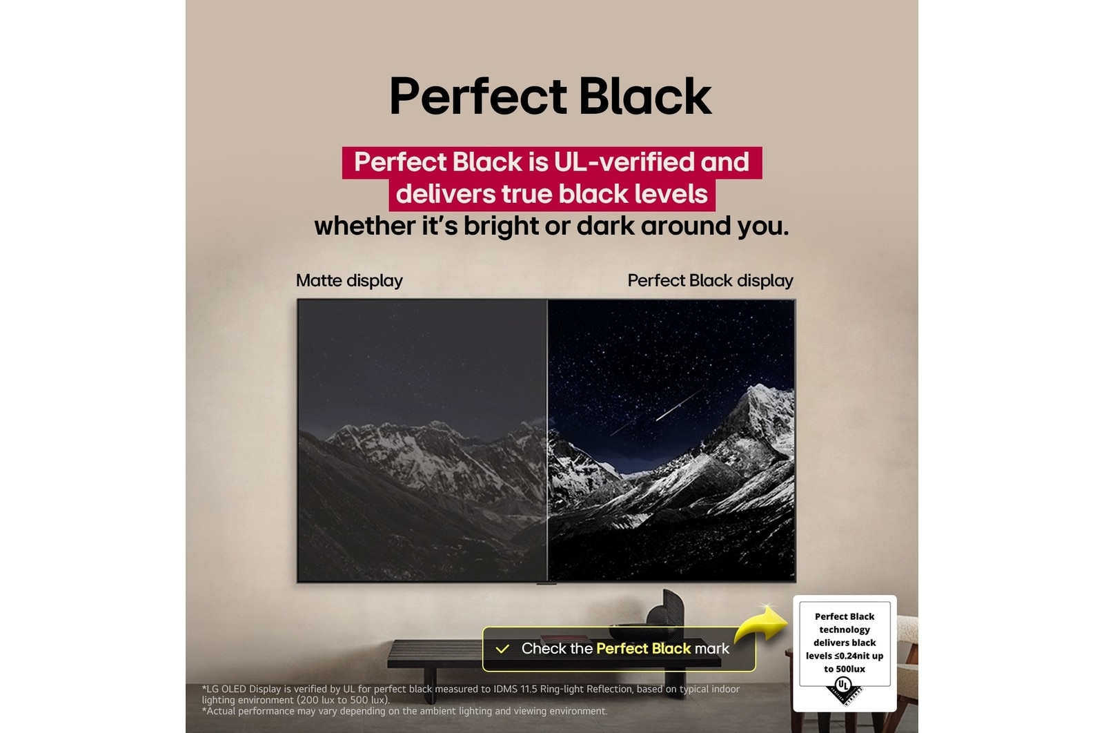 Espace salon avec une LG OLED TV à fixation murale. Sur la TV se trouve une cha?ne de montagnes face à un ciel sombre et nocturne rempli d’étoiles. Cette scène est divisée en deux pour montrer comment le Noir parfait offre des niveaux de True Black, dans un espace lumineux ou sombre. Un c?té montre la scène dans une version plus terne et plus grise du paysage étiquetée, écran sans Noir parfait. De l’autre c?té se trouve une image plus agréable avec une gamme dynamique élargie de noirs et de blancs. L’écran est étiqueté Noir parfait. La certification du logo est également visible, la technologie Noir parfait offre des niveaux de noir inférieurs ou égaux à 0,24?nit et jusqu’à 500?lux. Une bulle de texte est à c?té, qui dit?: vérifiez le logo de certification Noir parfait. 