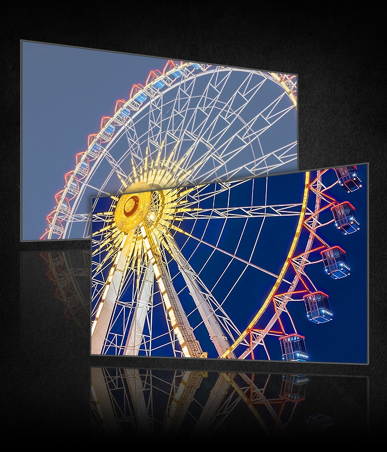 Das Bild eines Riesenrads ist auf zwei TV-Bildschirme aufgeteilt. Auf dem linken sind die Farben blasser und auf dem rechten bunter und kr?ftiger.