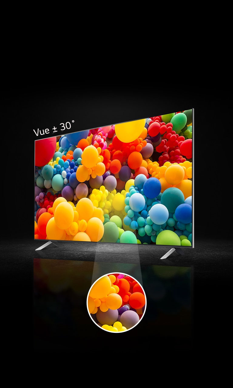 Vorderansicht des QNED-Bildschirms, der ein Durcheinander von regenbogenfarbenen Luftballons zeigt. Oben auf dem Fernseher steht ?Vorderseite“. Der mittlere Bereich des Bildschirms wird in einem separaten kreisf?rmigen Bereich hervorgehoben.