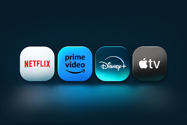 Les logos des applis Netflix, Prime Video, Disney+ et Apple TV sont placés c?te à c?te devant un fond bleu. 