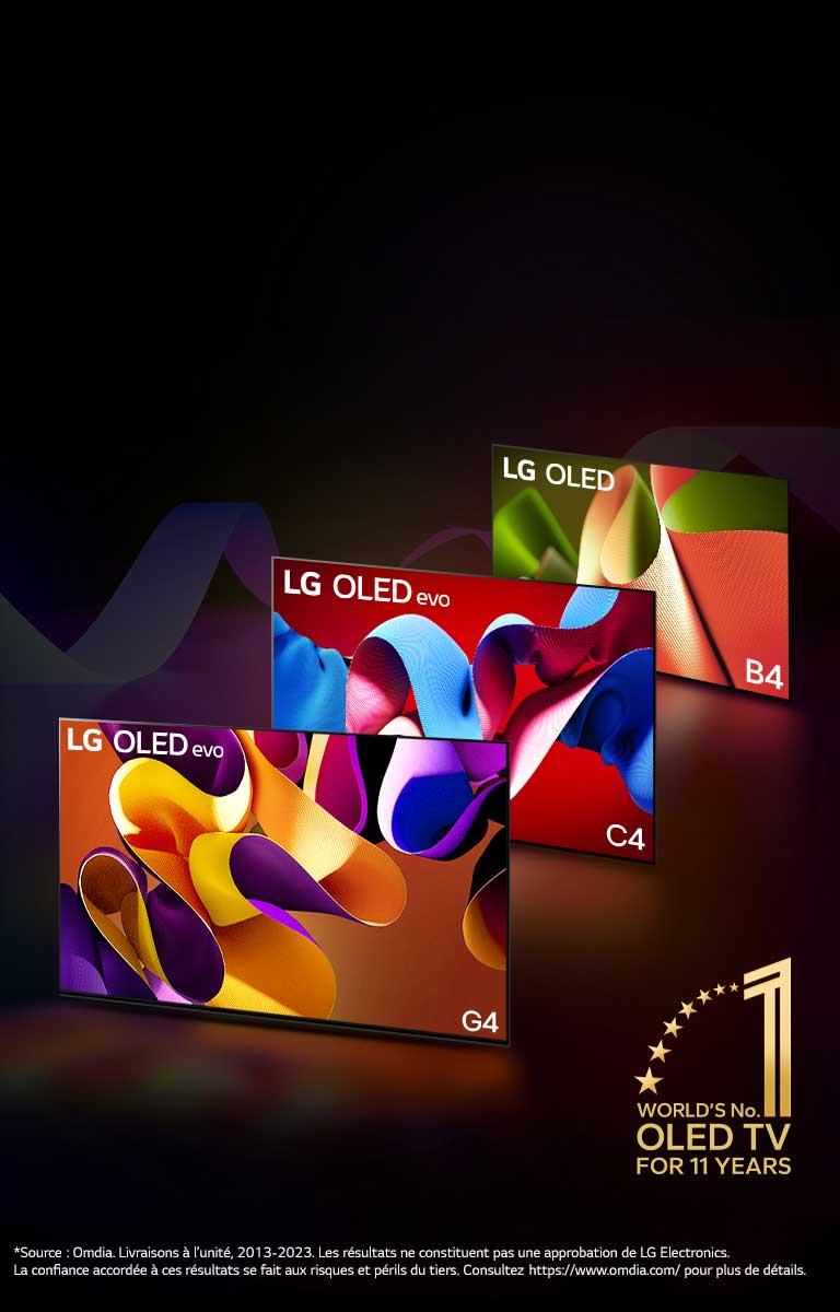 Téléviseurs LG OLED evo C4, evo G4 et B4 alignés sur une toile de fond noire avec de fines volutes de couleur. L’emblème ? World's number 1 OLED TV for 11 Years ? figure sur l’image.  Une clause de non-responsabilité est inscrite : ? Source : Omdia. Livraisons à l’unité, de 2013 à 2023. Les résultats ne constituent pas une approbation de LG Electronics. La confiance accordée à ces résultats se fait aux risques et périls du tiers. Consultez https://www.omdia.com/ pour plus de détails.?
