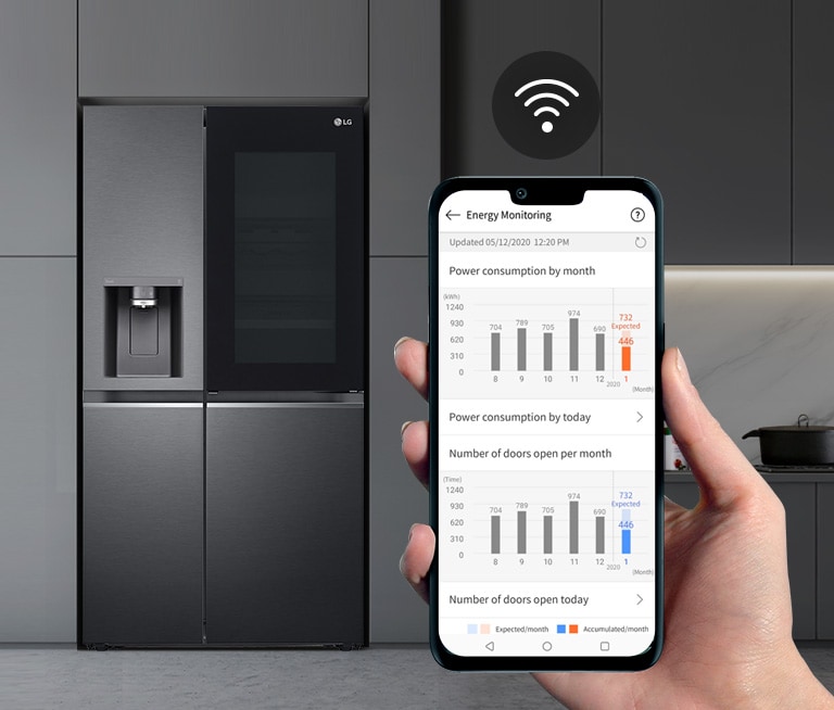 Une cuisine avec le réfrigérateur est à l’arrière-plan avec une main tenant un téléphone au premier plan montrant l’application LG ThinQ. L’application affiche les statistiques d’entretien. Au-dessus du téléphone se trouve l’ic?ne Wifi.
