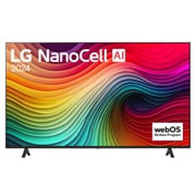 Vue de face du téléviseur LG NanoCell, NANO80 avec le texte LG NanoCell, 2024, et le logo webOS Re:New Program à l’écran.