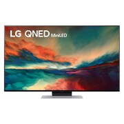 Vue avant du téléviseur LG QNED fond d'écran et logo du produit