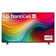 Vue de face du téléviseur LG NanoCell, NANO81 avec le texte LG NanoCell, 2024, et le logo webOS Re:New Program à l’écran.