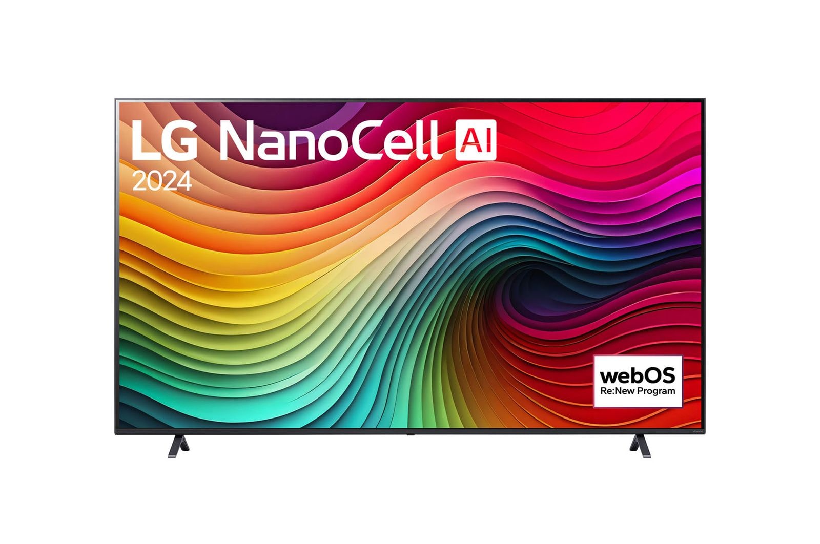 Vue de face du téléviseur LG NanoCell, NANO81 avec le texte LG NanoCell, 2024, et le logo webOS Re:New Program à l’écran.