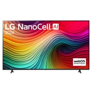 Vue de face du téléviseur LG NanoCell, NANO81 avec le texte LG NanoCell, 2024, et le logo webOS Re:New Program à l’écran.