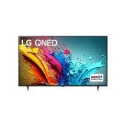 Vue de face du téléviseur LG QNED, QNED85 avec le texte LG QNED, 2024, et le logo webOS Re:New Program à l’écran.