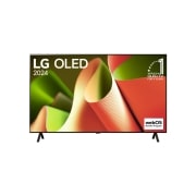 Frontansicht des LG OLED TV B4, 11 Jahre Nummer 1 Logo und webOS Re:New Programm-Logo auf dem Bildschirm mit 2-poligem Standfuss