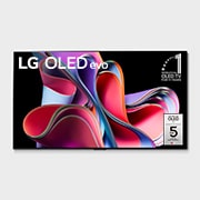 Vue de face avec le logo ? LG OLED, le téléviseur numéro 1 mondial depuis 10 ans ? et le logo ? Garantie du panneau?: 5?ans ? sur l’écran