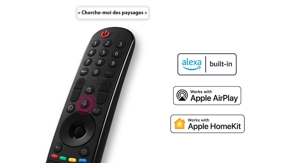 Une télécommande avec une bulle indiquant ??Cherche-moi des paysages??. Les logos des services OTT affiliés sont illustrés.