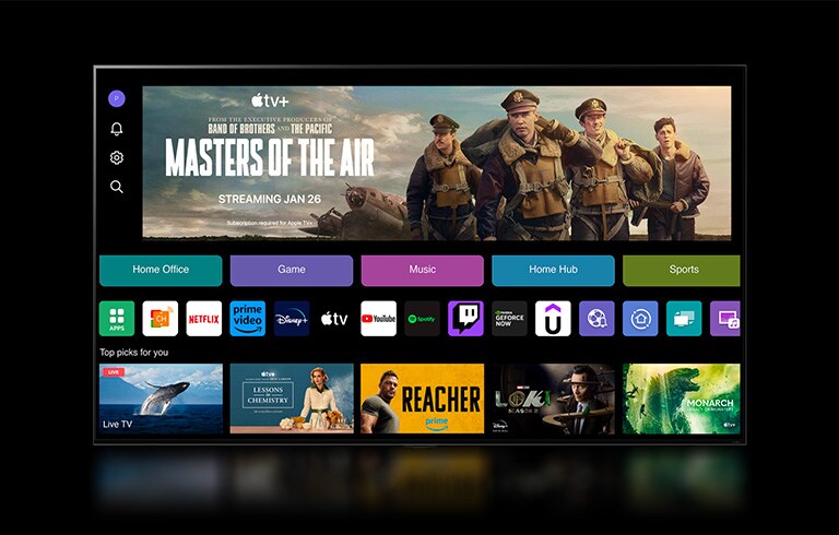 L’écran d’accueil de webOS 24 affiche les catégories Home Office, Jeu, Musique, Home Hub et Sport. Des recommandations personnalisées sont affichées au bas de l’écran sous l’intitulé ??Suggestions pour vous.??