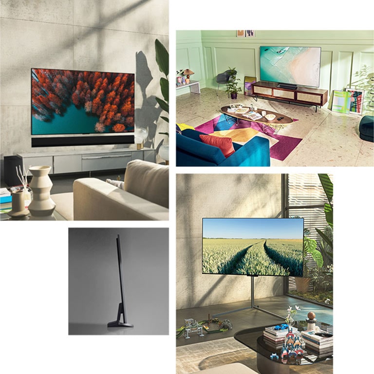 Un téléviseur LG OLED G2 est accroché au mur dans un salon avec des plantes, une pile de livres et une armoire de style vintage. Un téléviseur LG OLED G2 est accroché au mur dans une pièce minimaliste à c?té d’une étagère avec des ornements monochromes. Vue latérale du bord ultra fin du téléviseur LG OLED G2. Un téléviseur LG OLED G2 est accroché sur un mur de salon coloré avec une planète sèche, un diffuseur et des vases. Gros plan sur un bord du LG OLED G2 ultra-fin.