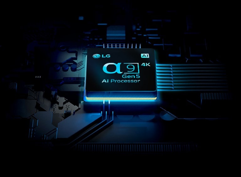 Image de la puce du Processeur ?9 Gen5 AI 4K LG en train d’émettre de la lumière.