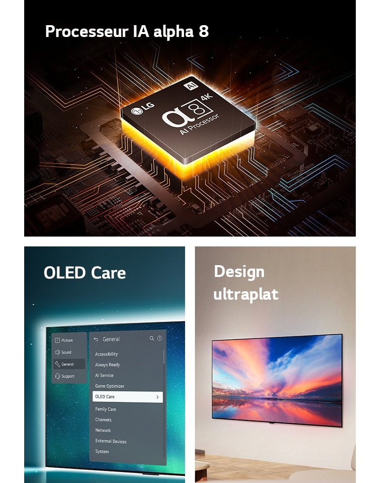 Le processeur IA alpha?8 de LG au-dessus d’une carte mère, émettant des éclairs de lumière orange.  TV OLED avec le menu OLED Care est sélectionné dans le menu Assistance qui s’affiche à l’écran.  Le design ultraplat en vue latérale et placé à plat contre le mur dans un espace de vie moderne.