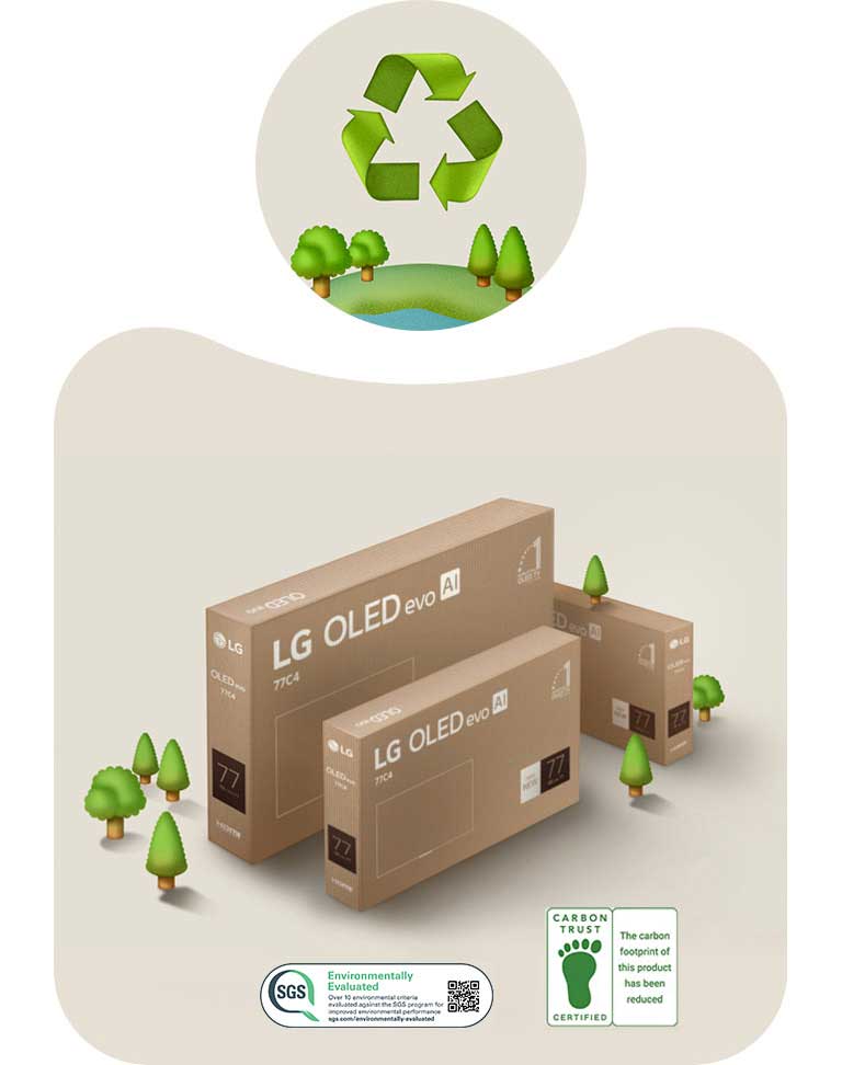 Emballage LG OLED sur fond beige avec arbres illustrés.