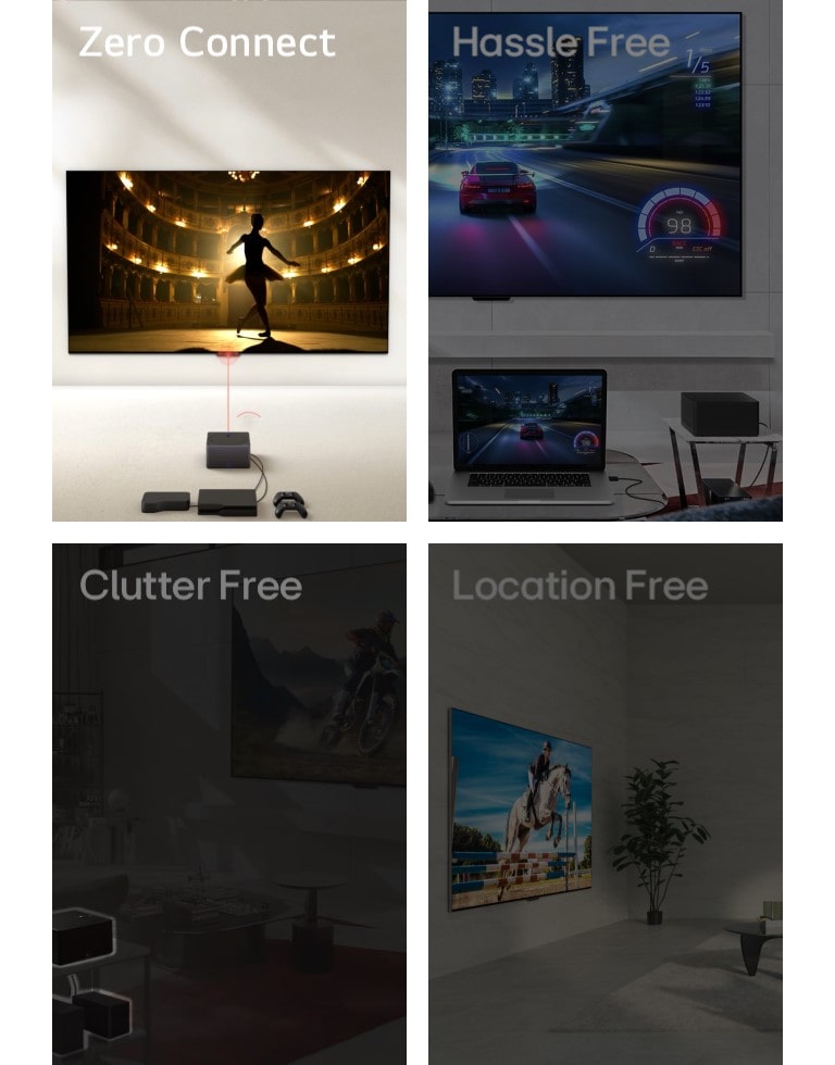 Quatre images sont affichées. La première image montre une Zero Connect Box placée devant la LG OLED evo M4 représentant une danseuse dans un théatre à l’écran et les mots ??Zero Connect?? en haut à gauche. La deuxième image montre un jeu de courses de voitures représenté sur les deux LG OLED evo M4 suspendues au mur et un ordinateur portable dans un salon, avec une Zero Connect Box sur le c?té et les mots ??Sans échos parasites?? en haut à gauche. La troisième image montre une Zero Connect Box avec plusieurs appareils en dessous mis en valeur sur une image assombrie d’un salon et le mot ??Convivial?? en haut à gauche. La quatrième image montre une LG OLED evo M4 selon une perspective oblique, posée sur un support dans un espace de vie et le mot ??Nomade?? en haut à gauche.