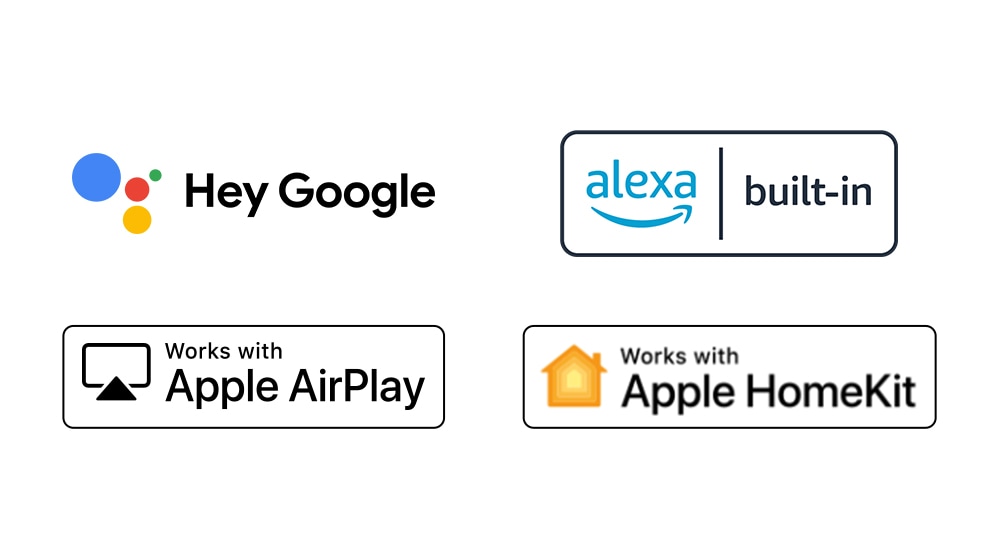 Quatre logos sont déplacés dans l’ordre suivant?: Hey Google, Alexa intégré, fonctionne avec Apple airplay, fonctionne avec Apple HomeKit.