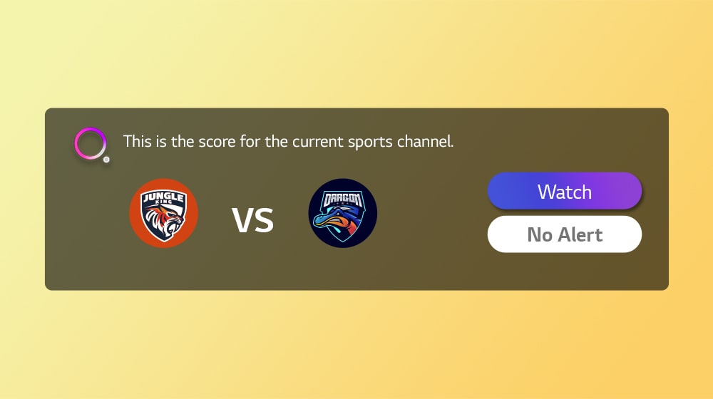 Une interface utilisateur graphique Sports Alert présente deux logos d’équipes sportives (Jungle King et Dragon) et les deux boutons situés à droite indiquent ??Regarder?? et ??Aucune alerte??. Le slogan indique?: ??Voici le score sur la cha?ne sportive actuellement regardée??.