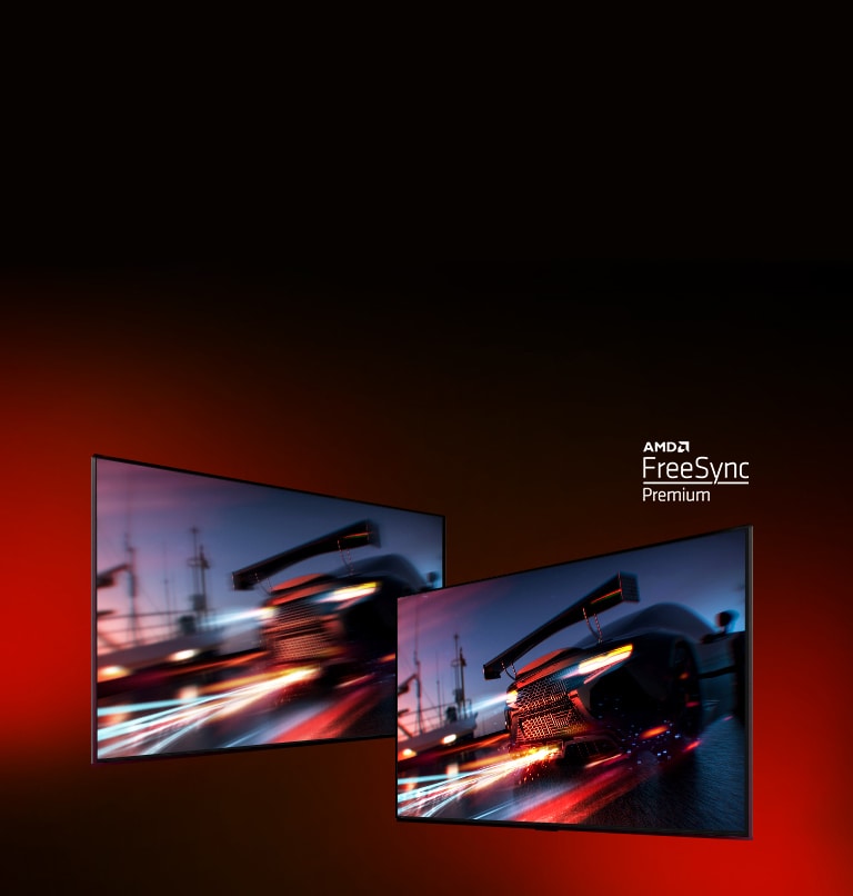 Deux téléviseurs sont affichés?: celui de gauche montre une scène de jeu FORTNITE avec une voiture de course. Celui de droite montre la même scène de jeu, mais avec une image plus claire et plus nette. Dans le coin supérieur droit, le logo AMD FreeSync Premium est affiché.
