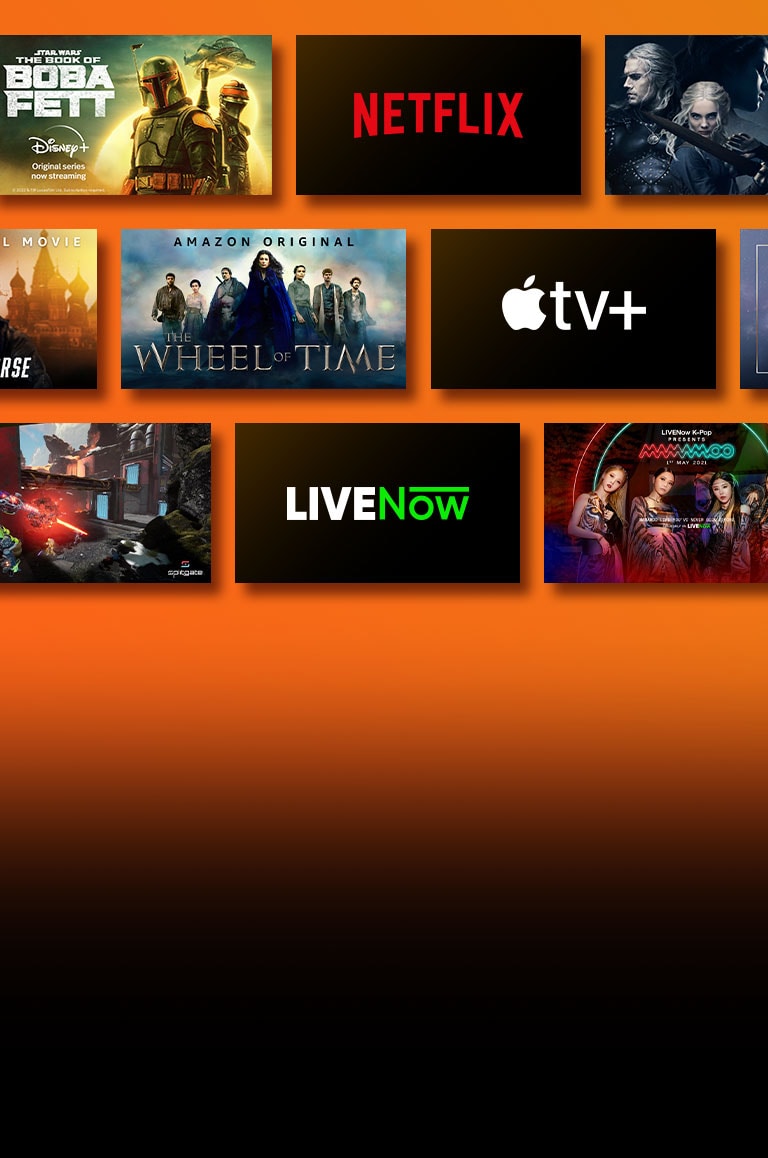 Les logos des plateformes de services de streaming sont accompagnés de séquences correspondantes juste à c?té de chaque logo. Logo Netflix et money heist et the Witcher. Logo Livenow et image teaser de mamamoo et image teaser de OneUs. Logo NVIDIA Geforce Now et images de gameplay de Cyberpunk 2077 et Splitgate. Logo Apple TV plus et Foundation et Finch.