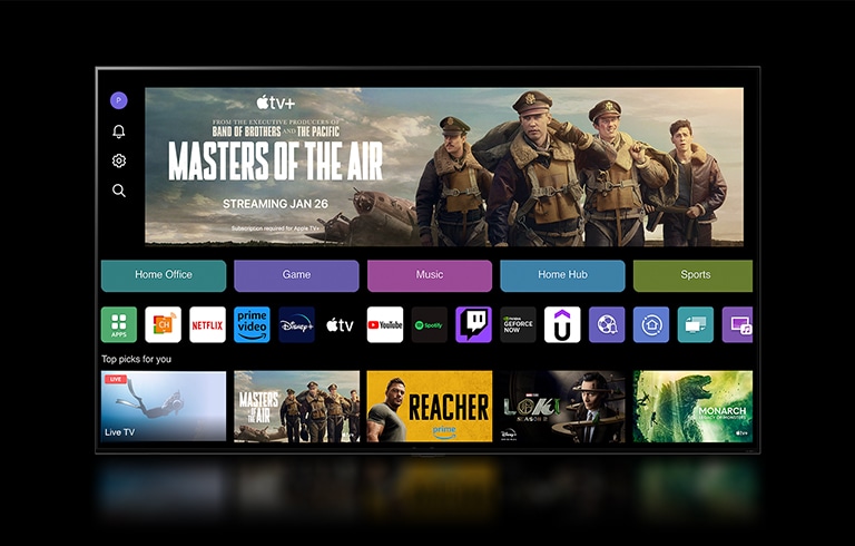 "L’écran d’accueil de webOS 24 affiche les catégories Home Office, Jeu, Musique, Home Hub et Sport. Des recommandations personnalisées sont affichées au bas de l’écran sous l’intitulé ??Suggestions pour vous.??	  "