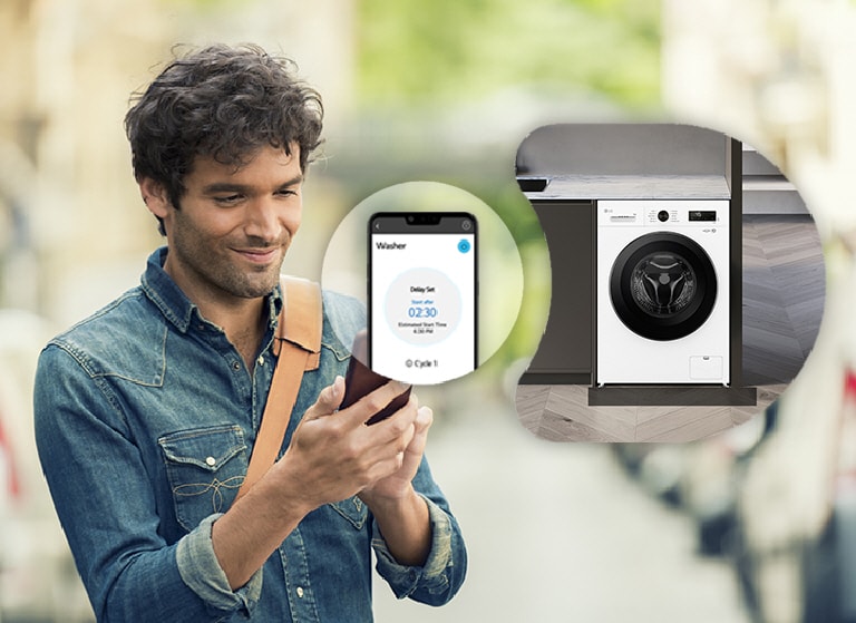 Un homme contr?le le lave-linge LG à distance via une application ThinQ?.