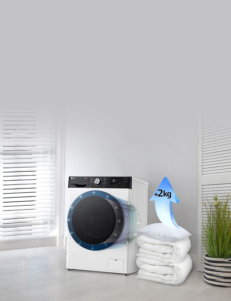 Des couvertures et oreillers sont près d’une machine à laver et on voit une flèche qui agrandit jusqu’à 2?kg l’oreiller.