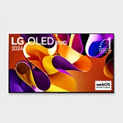 Front view with LG OLED evo TV, OLED G4, 11 Years of world number 1 OLED Emblem, and 5-Year Panel Warranty logo on screen, as well as the Soundbar below