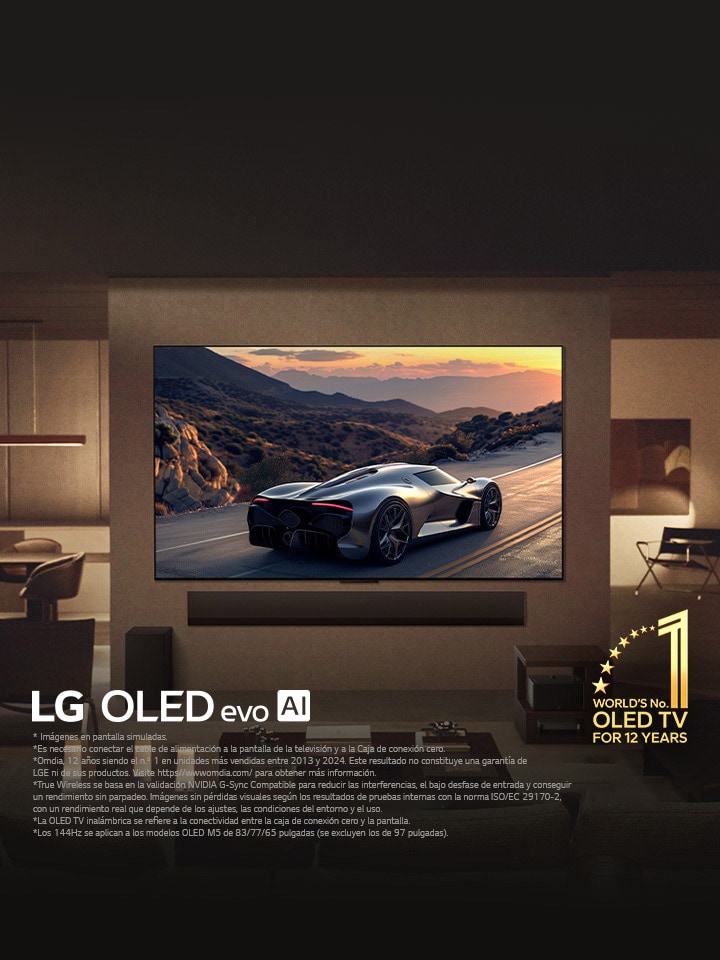 Elegante sala de estar con LG OLED evo M5 TV montada en la pared. Una LG Soundbar debajo de esta. Caja de conexión cero oculta debajo de una mesa de apoyo. No hay cables visibles, lo que demuestra la tecnología True Wireless de la TV. Se puede ver el emblema “OLED TV, número uno del mundo durante 12?a?os” y el logotipo de LG OLED evo AI. 