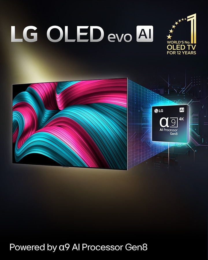 En la pantalla de una TV LG OLED evo con IA aparece una imagen abstracta con detalles, colores y un contraste impactantes. Detrás de la TV, se muestra una versión ampliada del procesador alpha?9 AI Gen8. Brilla con una luz que ilumina los circuitos de microchips a su alrededor. El título dice LG OLED evo AI. También puede verse el texto: Con la tecnología del procesador LG alpha?9 AI Gen8. En la esquina aparece un logotipo dorado con estrellas que dice: OLED TV número uno del mundo durante 12?a?os. 