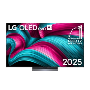 Vista de frente de la Smart TV LG OLED evo AI C5 4K. El emblema “OLED, número?1 del mundo durante 12?a?os” y el logotipo de LG OLED evo AI?2025 aparecen en la pantalla.