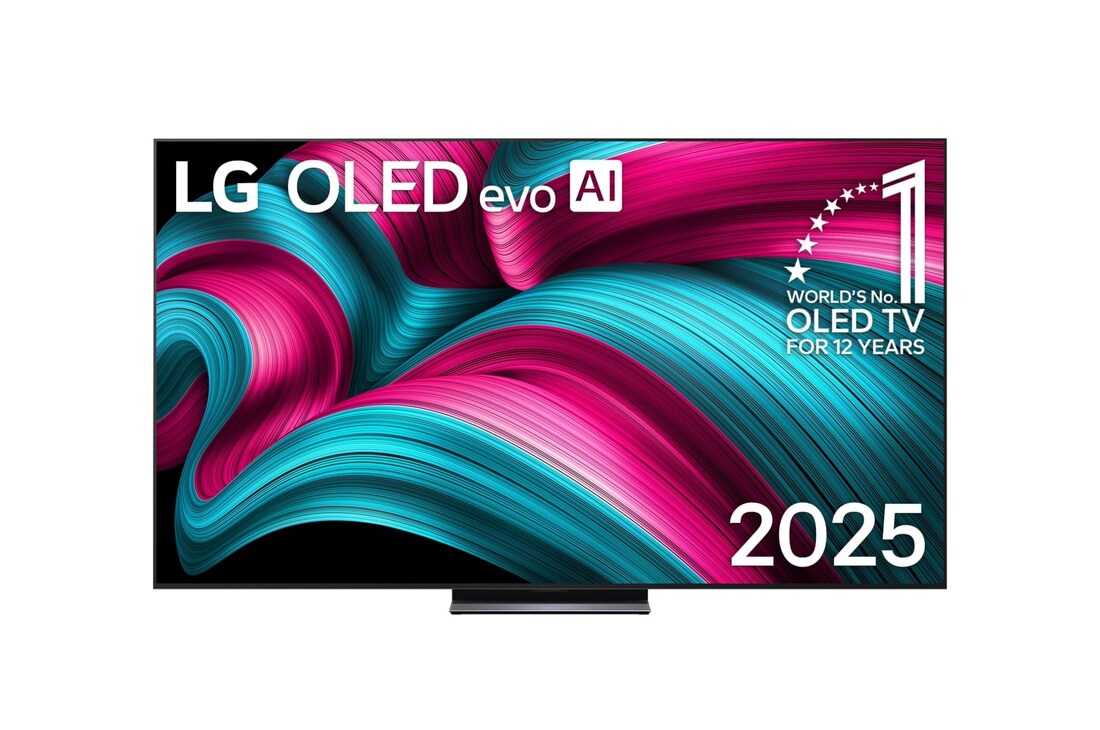 Vista de frente de la Smart TV LG OLED evo AI C5 4K. El emblema “OLED, número?1 del mundo durante 12?a?os” y el logotipo de LG OLED evo AI?2025 aparecen en la pantalla.