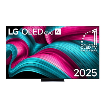 Vista de frente de la Smart TV LG OLED evo AI C5 4K. El emblema “OLED, número?1 del mundo durante 12?a?os” y el logotipo de LG OLED evo AI?2025 aparecen en la pantalla.